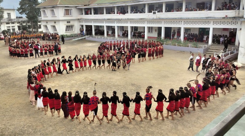 Students dancing folk dances during cultural day of Sao Chang College, Tuensang.